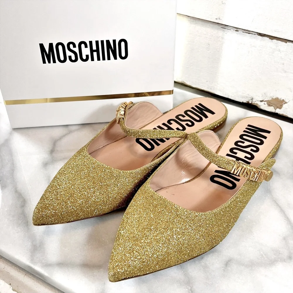 Moschino Pointed Toe Glitter Logo Flats